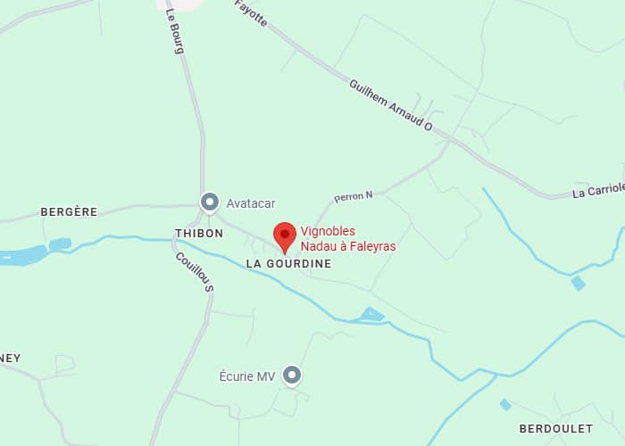 Vignobles Nadau à Faleyras : Plan d'accès et localisation Plan de localisation des Vignobles Nadau à Faleyras, quartier La Gourdine, avec routes et points d'intérêt proches.