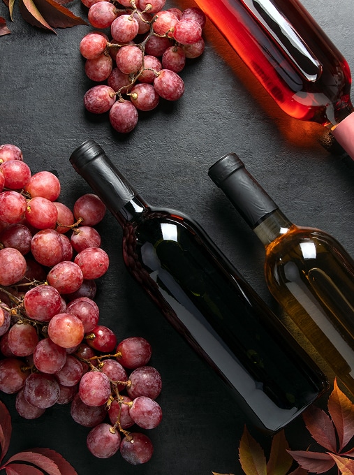 Vins et raisins rouges : une dégustation automnale élégante Bouteilles de vin rouge, blanc et rosé sur fond noir avec grappes de raisins frais et feuilles de vigne d'automne.