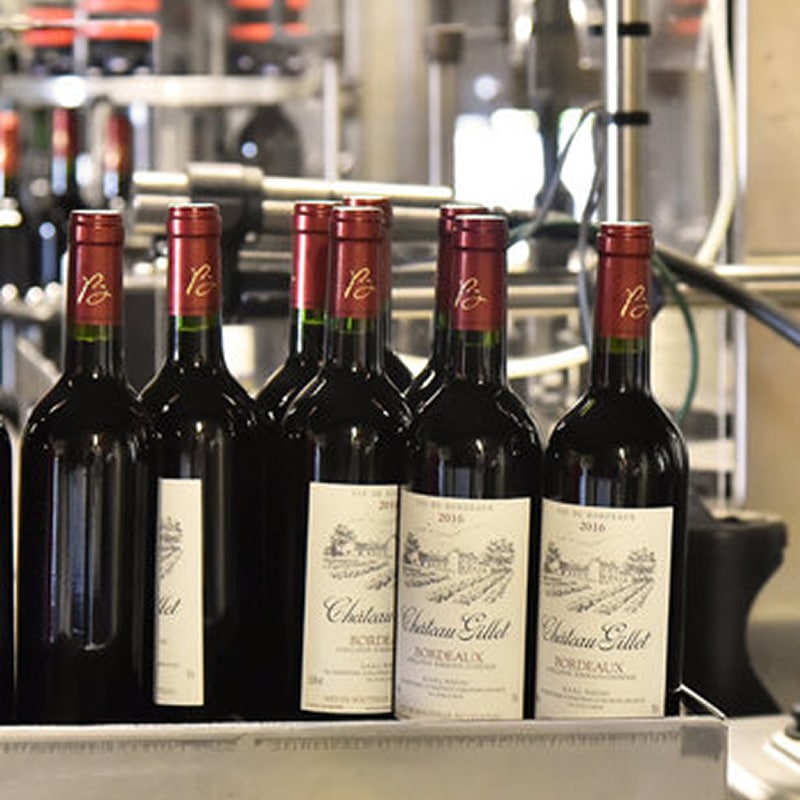 Mise en bouteille Château Gillet Bordeaux 2016 Vin Rouge Bouteilles de vin rouge Château Gillet Bordeaux 2016 alignées sur une chaîne de mise en bouteille.